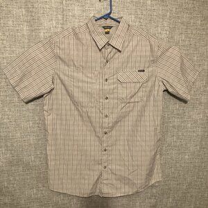 Eddie Bauer Shirt Mens TXL Button Up Beige Plaid Vented Short Sleeve.